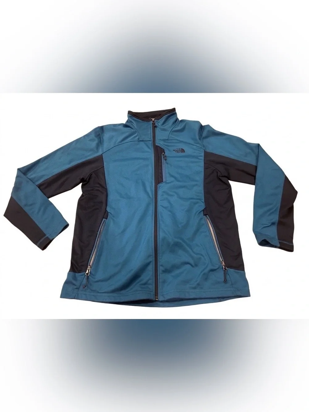 The North Face Mens Large Blue Black Full Zip Softshell Jacket Chest Pocket L